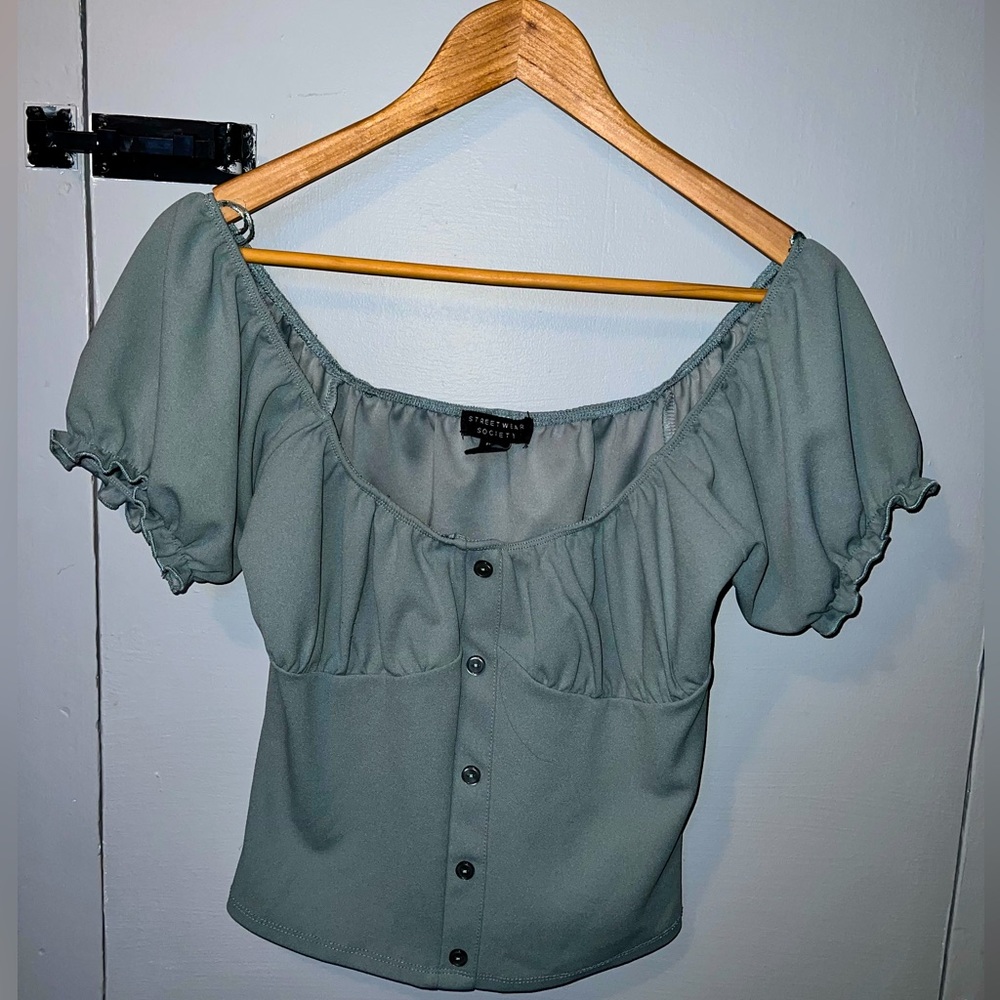 Streetwear Society Womens Top Cropped Puff Sleeve Sage Green Large, pre loved